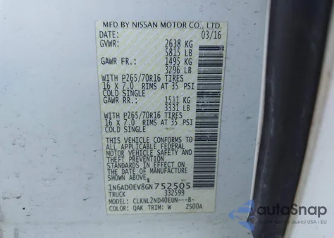 2016 Nissan Frontier Pro-4X/S/Sl/Sv z USA, uszkodzony, nr VIN 1N6AD0EV8GN752505